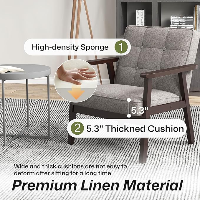 Modern Accent Chair with Arm Rest, Upholstered Linen Fabric Leisure Chair Comfy Side Chair with Backrest Button and Wooden Frame for Living Room Bedroom Reading(Gray)