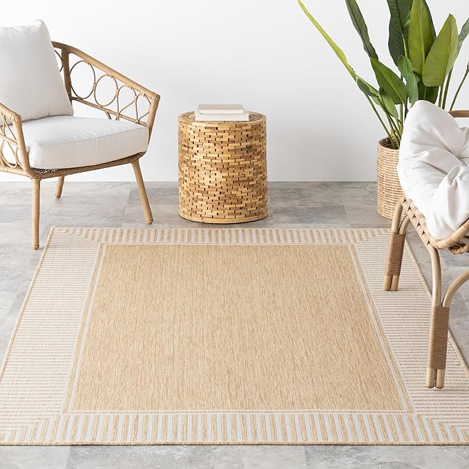 nuLOOM 6' 7" x 9' Outdoor/Indoor Asha Area Rug, Tan, Casual Design with Striped Border, Stain Resistant, Highly Durable, for Patio, Balcony, Bedroom, Living Room, Dining Room, Bathroom