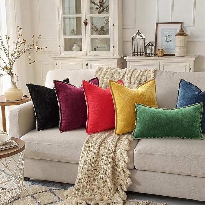 decorUhome Christmas Chenille Soft Throw Pillow Covers 12x20 Set of 2, Lumbar Velvet Farmhouse Neutral Decorative Euro Pillow Covers with Stitched Edge for Couch Sofa Bed Home Decor, Green