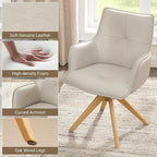 Art Leon Mid Century Modern Desk Chair - Genuine Leather Upholstered Office Chair No Wheels, Swivel Armchair with Oak Wood Legs for Small Space Living Room Bedroom, Set of 2, Off White