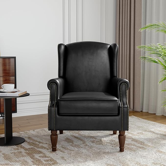 Faux Leather Wingback Accent Chair, High Back Upholstered Armchair, Comfy Fabric Wingback Arms Chairs with Solid Wood Legs, Single Sofa Reading Chair for Bedroom Living Room, Black