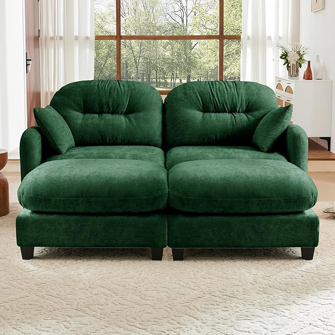 74" Loveseat U Shaped Couch with 2 Ottoman, Comfy Chenille Fabric Cloud Sectional Couch, Modern Upholstered Deep Seat Sofas with Armrest Pillow, Cloud Sofa for Small Spaces Apartment, Green