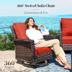 6 Piece Patio Furniture Set with Swivel Chairs, High Back Wicker Rattan Sofa with Extra Thick Cushion, Coffee Table and Ottoman, Outdoor Conversation Set for Backyard Deck,Red