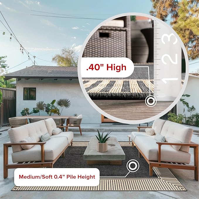 nuLOOM 10' x 13' Outdoor Area Rug, Casual Design with Striped Border, Stain Resistant, Highly Durable, for Patio, Balcony, Bedroom, Living Room, Dining Room, Bathroom, Dark Grey