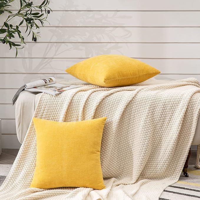 GAWAMAY Decorative Square Throw Pillow Covers 22"x22" Inch Set of 2, Super Soft Chenille Pillows Farmhouse Fall Pillowcase for Living Room Bedroom Sofa Couch Cushion Cover Mustard Yellow 55x55cm