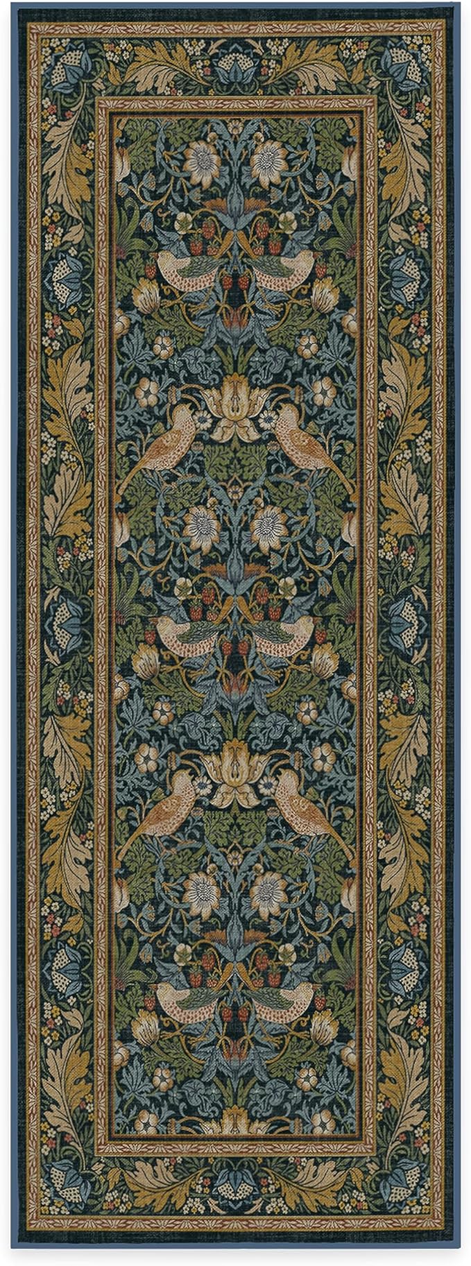 RUGGABLE x Morris & Co Machine Washable Runner Rug – Strawberry Thief Indigo 2.5x7, Stain-Resistant, Non-Slip – Washable Rug for Hallway, Entryway, Living Room & Kitchen–with Cushioned Pad