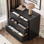 3-Piece Dresser Bedroom Set, 7 Drawer Dresser & 3 Drawer Nightstands with Gold Handles, Fluted Wood Chest of Drawers for Bedroom, Living Room, Entryway, Black