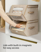 SONGMICS Stackable Storage Bins Set of 2, Storage Boxes with Lids and Front Windows, Non-Woven Fabric Closet Organizers with Magnetic Closures, Side Handles, Sand Beige URLB002Y01