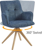 Art Leon Swivel Armchair - Mid Century Modern Office Chair No Wheels, Fabric Upholstered Accent Chair with Oak Wood Legs for Small Space Living Room Bedroom, Blue