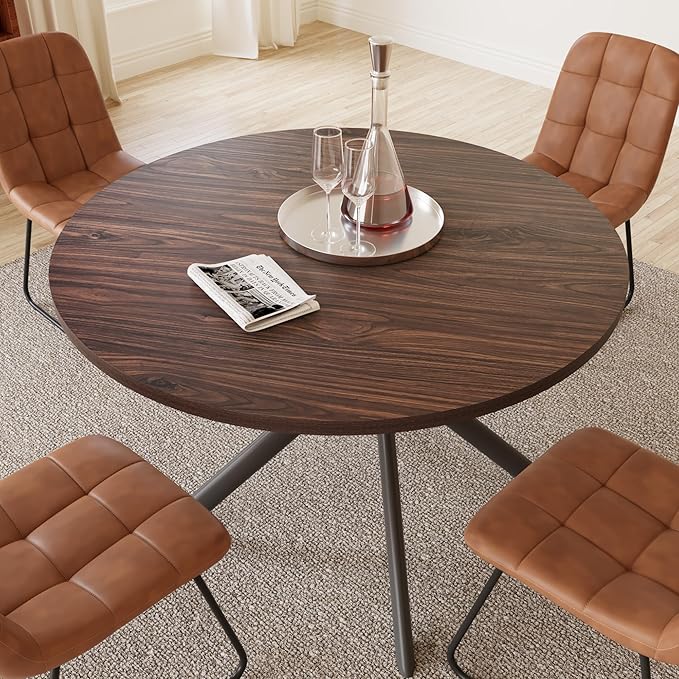 45.3 Inch Modern Round Dining Table for 4, Space-Saving Dinette with Carbon Steel Legs for Home Kitchen Apartment(Dark Walnut Table)