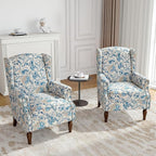 Floral Wingback Accent Chairs Set of 2, High Back Upholstered Armchair, Comfy Fabric Wingback Arms Chairs with Retro Solid Wood Legs, Single Sofa Reading Chair for Bedroom Living Room, Boho Blue