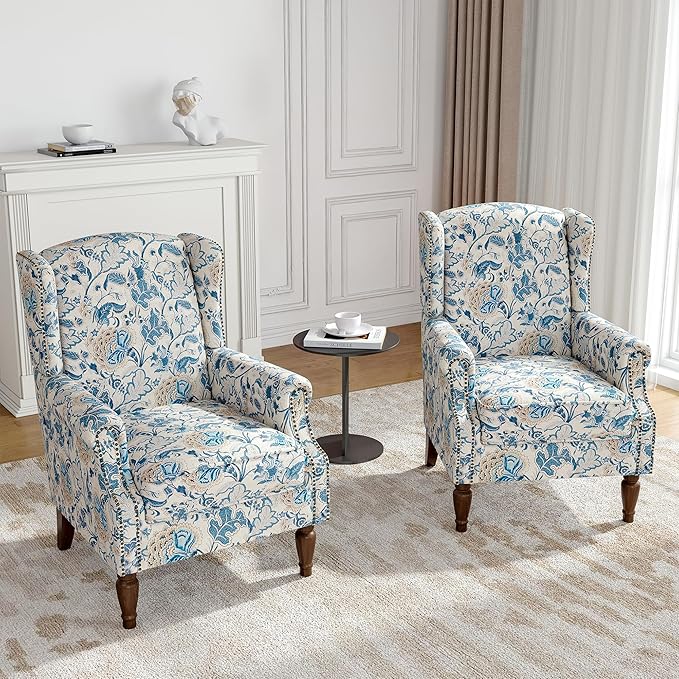 Floral Wingback Accent Chairs Set of 2, High Back Upholstered Armchair, Comfy Fabric Wingback Arms Chairs with Retro Solid Wood Legs, Single Sofa Reading Chair for Bedroom Living Room, Boho Blue