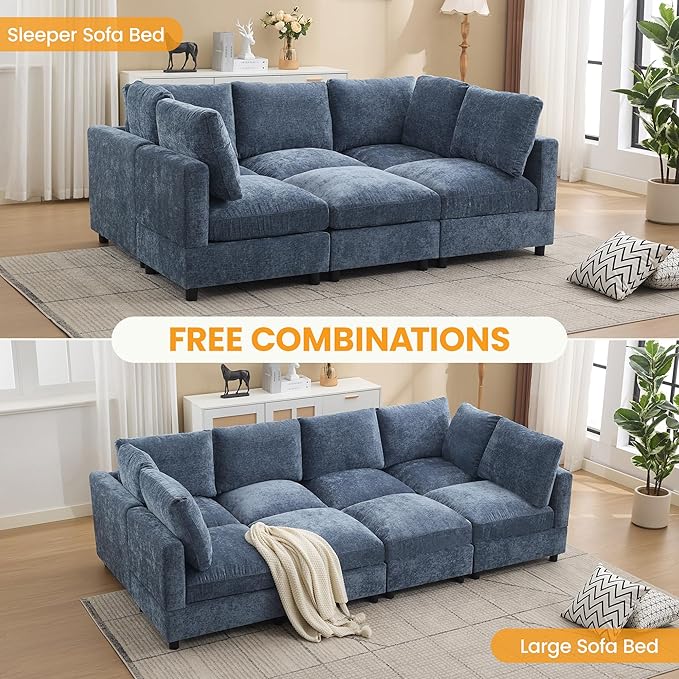 Modular Sectional Cloud Sofa Bed, 6-Seater Convertible Sofa Couch with Ottoman, Modern Deep Seat Sleeper Sofa for Living Room, Chenille Blue