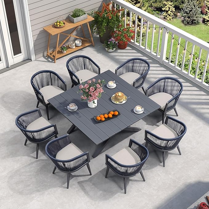 PURPLE LEAF Outdoor Dining Set for 8 All-Weather 9 Piece Patio Aluminium Dining Large Square Table and Rope Weave Chairs Included Cushions for Backyard Decor Kitchen Patio Furniture Set Grey and Navy