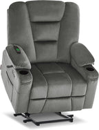MCombo Oversized Power Lift Recliner Chair Sofa with Massage and Heat for Elderly People Petite, USB Ports, Side Pockets, Fabric R7561 (Grey, Small-Oversize)