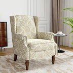Wingback Accent Chair, High Back Upholstered Armchair, Printed Fabric Wingback Arms Chairs with Wood Legs, Single Sofa Reading Chair for Bedroom Living Room, White
