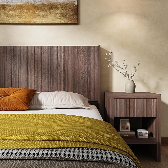 KEIKI Wooden King Size Headboard Only, 80.2" Wide Farmhouse Headboards with Wall Mounted Fluted Panel & Wingback for Bedroom, Walnut Brown