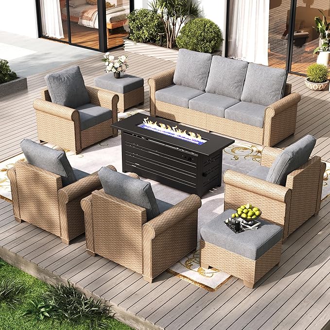Patio Furniture Set 8 pcs, Wicker Rattan Outdoor Furniture with 5.5” Thick Cushions, 3-Seat Sofa, 4 Chairs, 2 Ottomans and 56" Fire Pit Table, Outdoor Conversation Set for Backyard Deck, 9 Seats Grey
