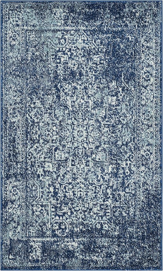 SAFAVIEH Evoke Collection Area Rug - 3' Square, Navy & Ivory, Distressed Design, Non-Shedding & Easy to Clean, Ideal for Foyer, Bedroom, Accent Space (EVK256A)