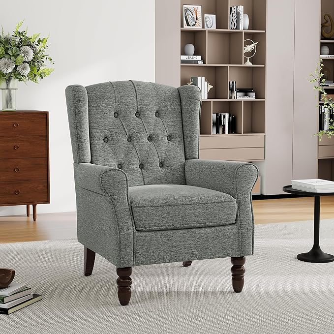 Pia Ricco Mid-Century Modern 2-Piece Wingback Chair Set - Plush Upholstered Accent Chairs with Solid Wood Legs, High Back Lounge Seating for Living Room, Bedroom & Office - Retro Matched Pair (Gray)