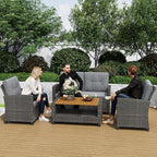 Wisteria Lane 4 Piece Patio Furniture Set, Wicker Outdoor Patio Conversation Furniture Set, All Weather Outdoor Patio Sofa with Cushion and Glass Table, Gray Wood