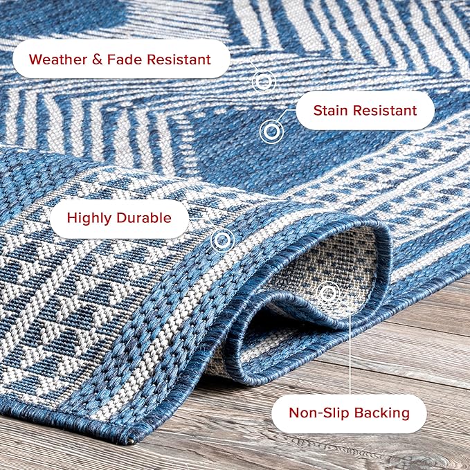 nuLOOM 2' x 3' Outdoor Tribal Geometric Area Rug, Stain Resistant, Weather Resistant, High Traffic, Patio, Balcony, Outside, Ranya Blue