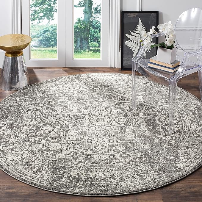 SAFAVIEH Evoke Collection Area Rug - 5'3" Round, Grey & Ivory, Distressed Design, Non-Shedding & Easy to Clean, Ideal for Living Room, Bedroom, Dining Space (EVK256D)