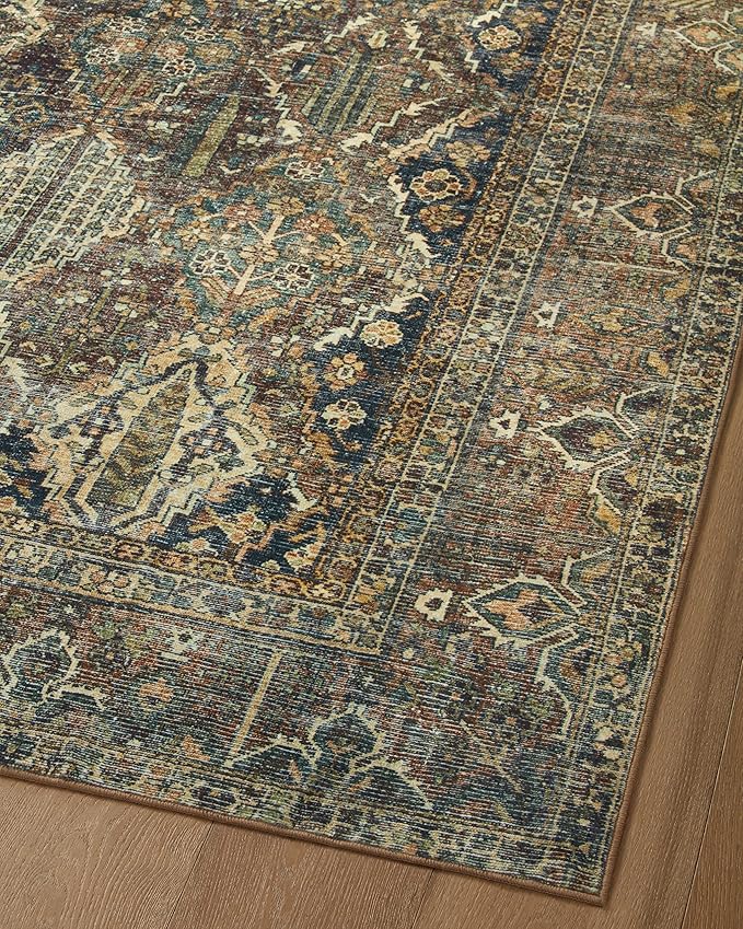 Loloi Magnolia Home by Joanna Gaines Banks Collection BAN-05 Spice/Blue 3'-6" x 5'-6" .13" Pile Height, Machine Washable, Accent Rug