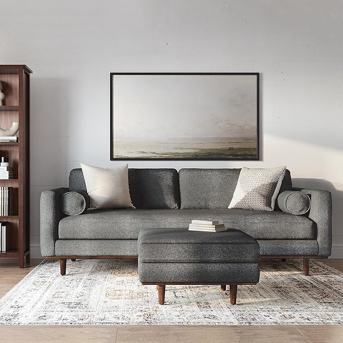 SIMPLIHOME Morrison 89-inch Wide Sofa in Charcoal Grey Woven-Blend Fabric, Handcrafted Mid-Century Modern Couch for Living Room or Family Room, Single Bench Cushion, Bolster Pillows