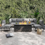 Sundale Outdoor 7 Pieces Metal Patio Furniture Set with Fire Pit Table, Outdoor Sectional Sofa with 6" Olefin Cushion, Modern Outdoor Conversation Sets (6 Seats, Grey Frame)