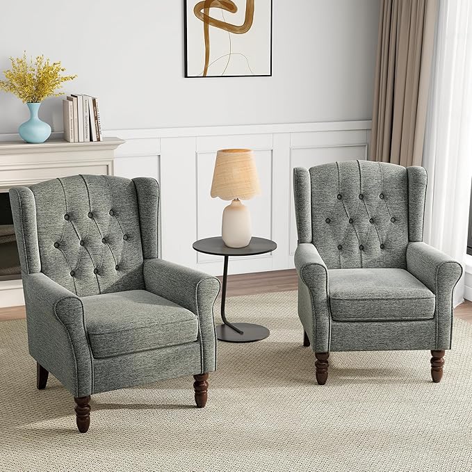 Pia Ricco Mid-Century Modern 2-Piece Wingback Chair Set - Plush Upholstered Accent Chairs with Solid Wood Legs, High Back Lounge Seating for Living Room, Bedroom & Office - Retro Matched Pair (Gray)