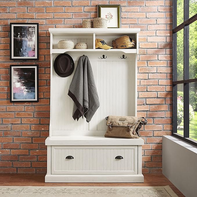 Crosley Furniture Seaside Hall Tree with Shoe Rack Bench and Coat Hooks for Hanging Storage, Distressed White