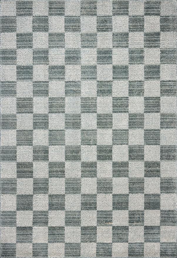 Loloi Chris Loves Julia Calvin Collection CLV-01 Blue/Ivory 5'-3" x 7'-6" Area Rug Checkered Neutral Soft Living Room Bedroom Carpet