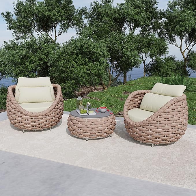 3 Pieces Porch Furniture Set: Aluminum Patio Conversation Sofa Set - Assembled Couch Armchair Table Set Cushioned - Hand Woven Rope Chair Set 400 LBS All Weather for Indoor Deck Balcony Hotel