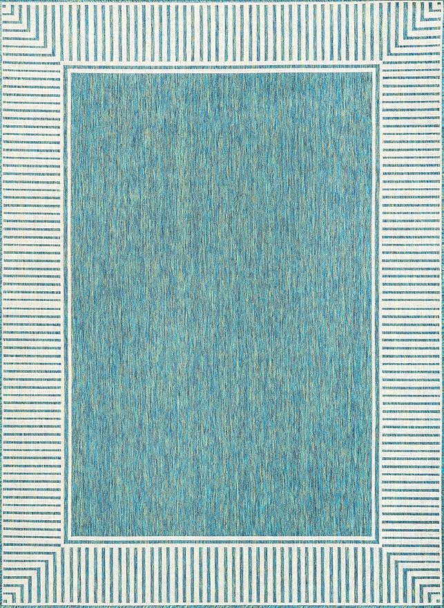 nuLOOM 4' x 6' Outdoor Area Rug, Casual Design With Striped Border, Stain Resistant, Highly Durable, For Patio, Balcony, Bedroom, Living Room, Dining Room, Bathroom, Teal