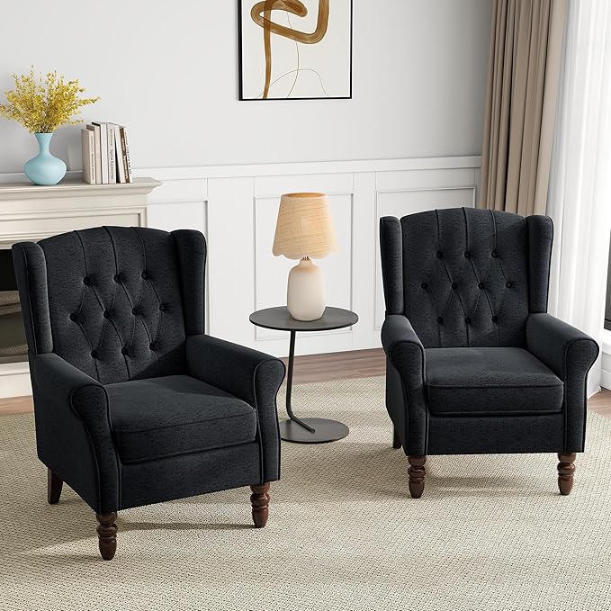 Mid-Century Modern Wingback Chair - Plush Upholstered Accent Armchair with Solid Oak Legs, Ergonomic High Back Lounge Chair for Living Room, Bedroom Office - Retro Reading Chair Bluish Black