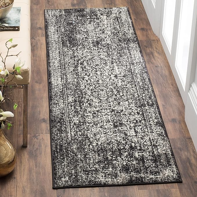SAFAVIEH Evoke Collection Runner Rug - 2'2" x 17', Black & Grey, Distressed Design, Non-Shedding & Easy to Clean, Ideal for Foyer, Bedroom, Kitchen, Hallway (EVK256R)