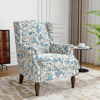 Floral Wingback Accent Chair, High Back Upholstered Armchair, Comfy Fabric Wingback Arms Chairs with Retro Solid Wood Legs, Single Sofa Reading Chair for Bedroom Living Room, Boho Blue