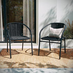 EMMA + OLIVER Set of 4 Modern Rattan Indoor/Outdoor Stack Chairs, Stacking Rattan Patio Chairs with Curved Back and Cross Bracing, Black