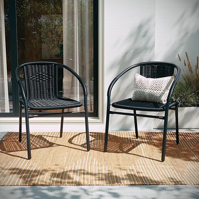 EMMA + OLIVER Set of 4 Modern Rattan Indoor/Outdoor Stack Chairs, Stacking Rattan Patio Chairs with Curved Back and Cross Bracing, Black