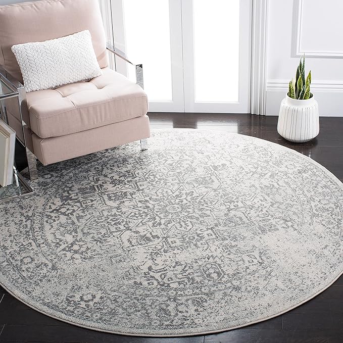 SAFAVIEH Evoke Collection Area Rug - 5'3" Round, Ivory & Grey, Distressed Design, Non-Shedding & Easy to Clean, Ideal for Living Room, Bedroom, Dining Space (EVK256F)