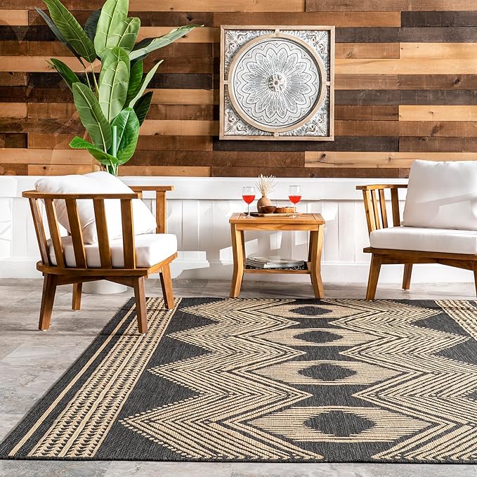 nuLOOM 10' x 13' Outdoor Tribal Geometric Area Rug, Stain Resistant, Weather Resistant, High Traffic, Patio, Balcony, Outside, Ranya Dark Grey