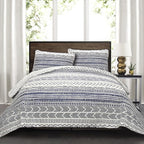 Lush Decor Hygge Geo Pattern Striped 3 Piece Quilt Bedding Set, King, Navy & White