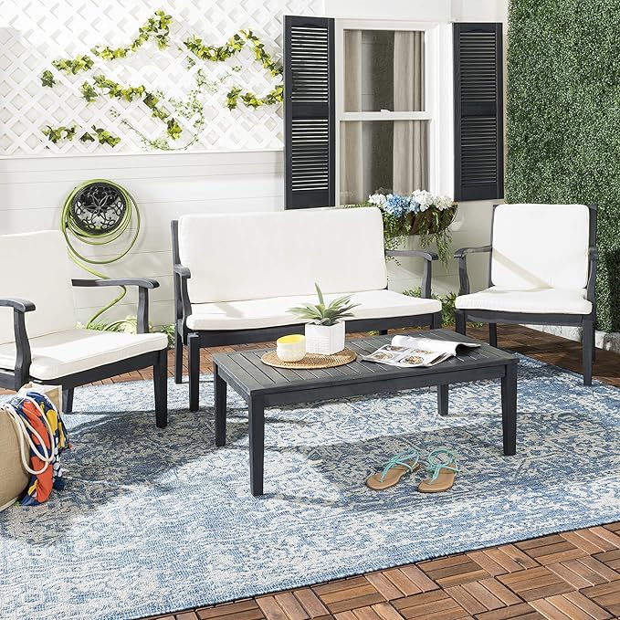 SAFAVIEH Outdoor Collection Fresno Dark Slate Grey and Beige 4Pc Outdoor Living Set