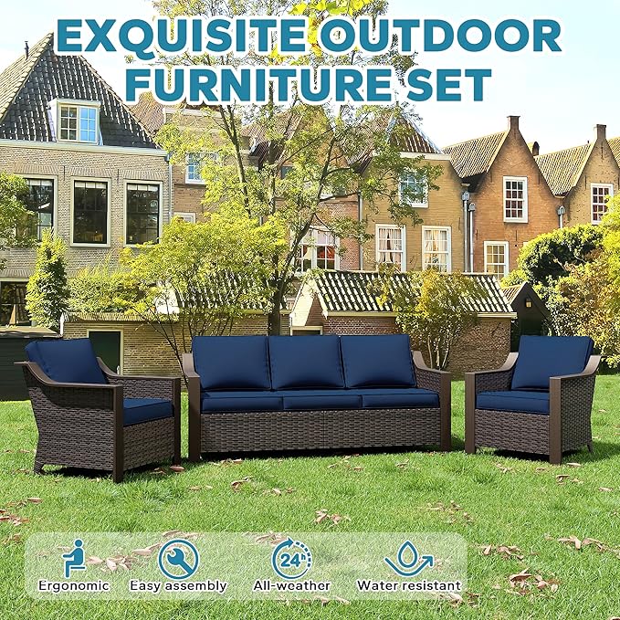 3 Pieces Outdoor Patio Conversation Furniture Set - 75" 3-seat Sofa | 2 Wicker Chairs, Deep Seat Couch, Removable Cushions, PE Rattan, Metal armrests, Yard (Navy Blue)