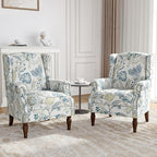 Floral Wingback Accent Chair Set of 2, High Back Upholstered Armchair, Comfy Fabric Wingback Arms Chairs with Retro Solid Wood Legs, Single Sofa Reading Chair for Bedroom Living Room, Plants Blue
