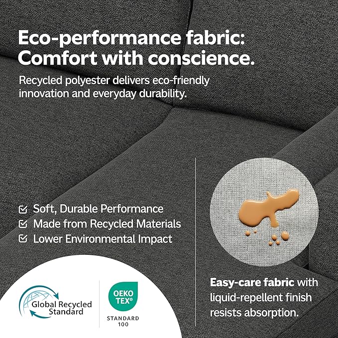 SIMPLIHOME Rex 3-Seater Modular Sofa in 100% Recycled Polyester Tightly Woven Performance Fabric, Pale Grey, 122-inches Wide, Handcrafted Modern-Style Couch for Living Room and Family Room