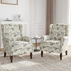 Floral Wingback Accent Chairs Set of 2, High Back Upholstered Armchair, Comfy Fabric Wingback Arms Chairs with Retro Solid Wood Legs, Single Sofa Reading Chair for Bedroom Living Room, Plants Beige