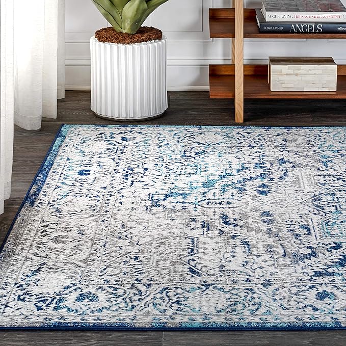 JONATHAN Y Modern Vintage Medallion Navy/Light Gray 8' Round Indoor Area Rug, Country, Floral, Easy-Cleaning for Living Room, Bedroom, Kitchen, Pet Friendly, Non-Shedding (MDP100B-8R)