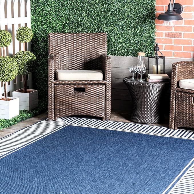 nuLOOM 2' x 10' Outdoor/Indoor Asha Area Rug, Asha Navy, Casual Design with Striped Border, Stain Resistant, Highly Durable, for Patio, Balcony, Bedroom, Living Room, Dining Room, Bathroom
